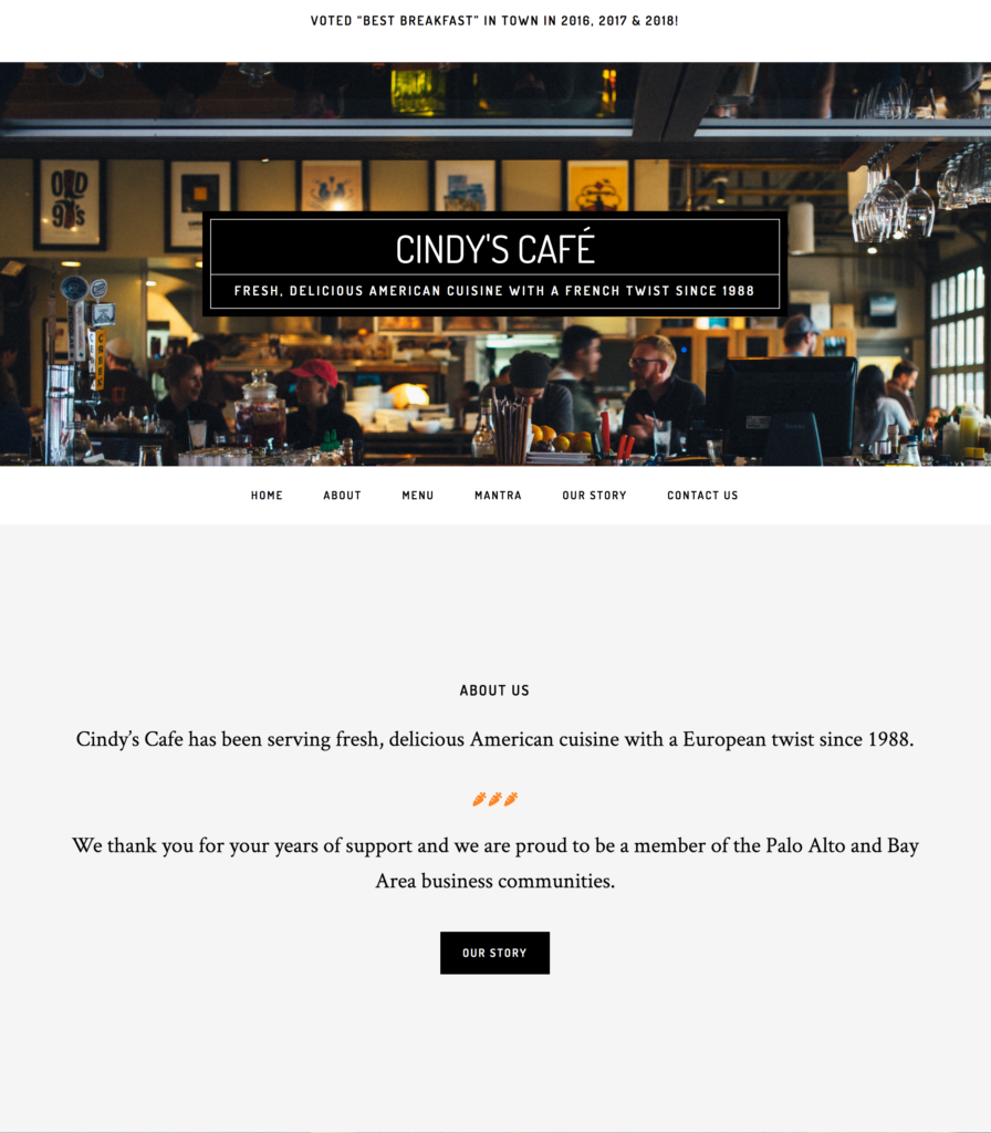 Screenshot of Cindy's Café homepage